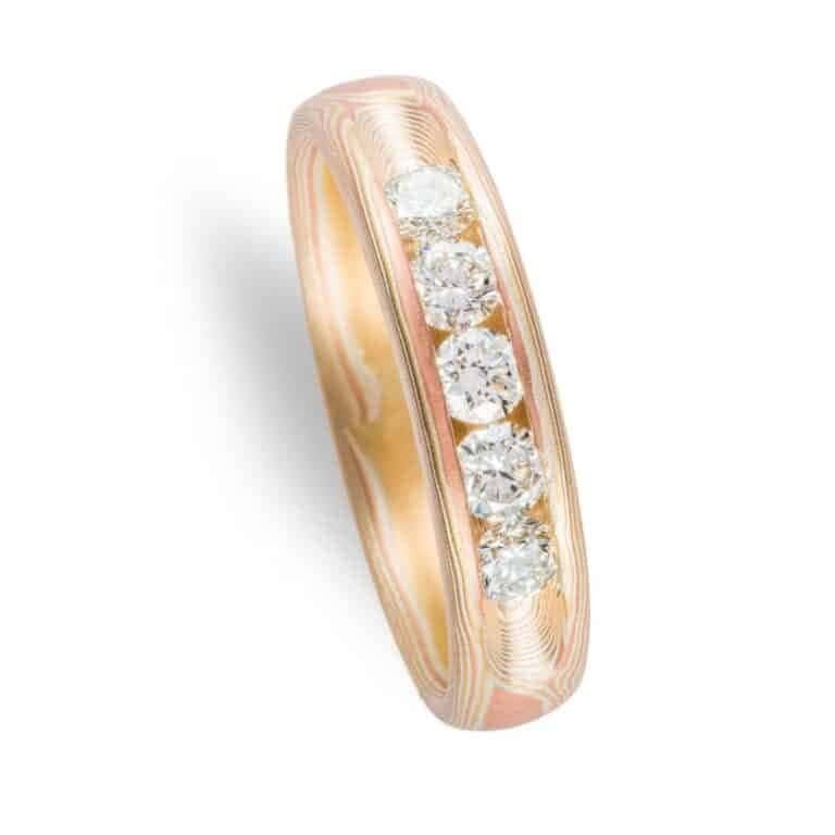 mokume gane diamond ring with channel set stones, classic and very elegant style with a modern feel