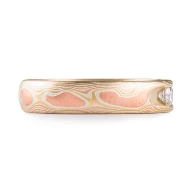 mokume gane diamond ring with channel set stones, classic and very elegant style with a modern feel