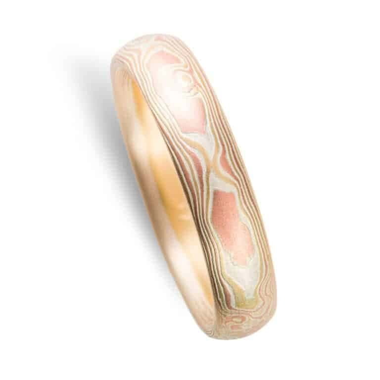 mokume mens ring in red gold and yellow gold