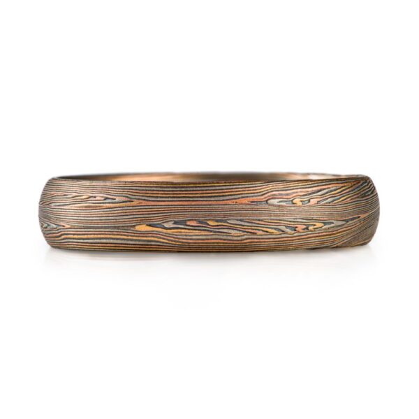 mokume gane narrow band in red gold yellow gold palladium and oxidized silver palette, very linear and detailed pattern