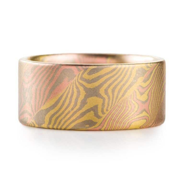 completely custom made mokume gane ring, extra wide multicolored strands individually patterned and then twisted together