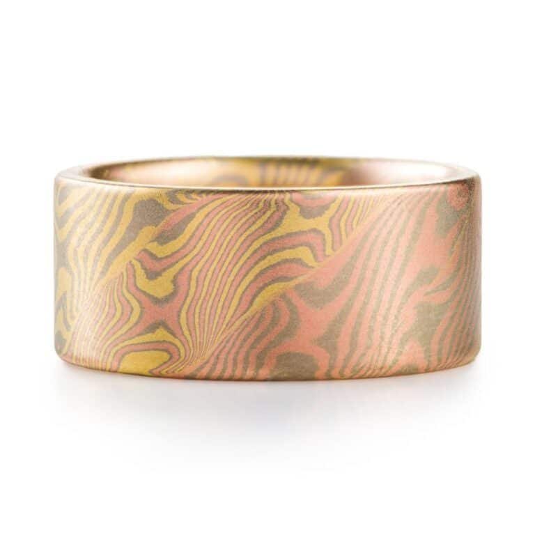 completely custom made mokume gane ring, extra wide multicolored strands individually patterned and then twisted together