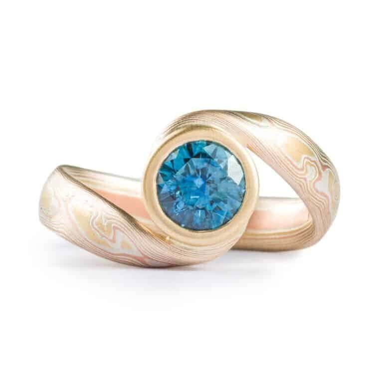 Bypass Style Mokume Ring with Blue Sapphire