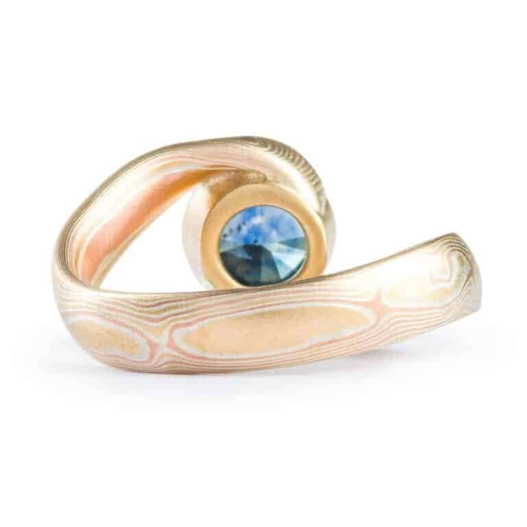 Bypass Style Mokume Ring with Blue Sapphire - Image 3