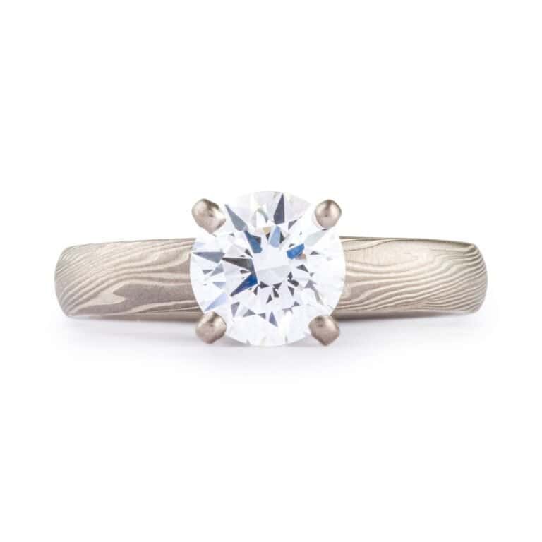 Elegant  Mokume Engagement Ring with Round Diamond