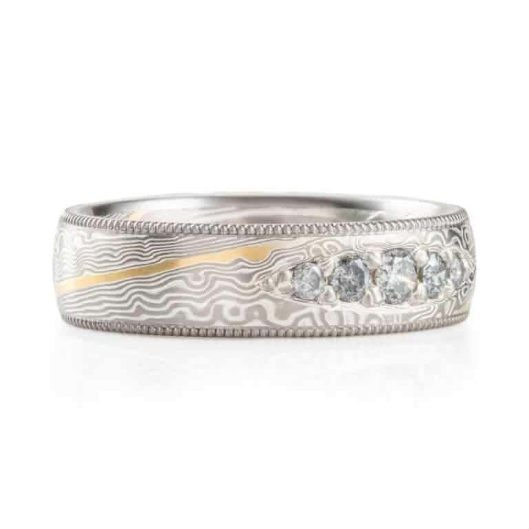 Radiant Salt and Pepper Diamond Mokume Ring with Milgrain Rails - Image 3