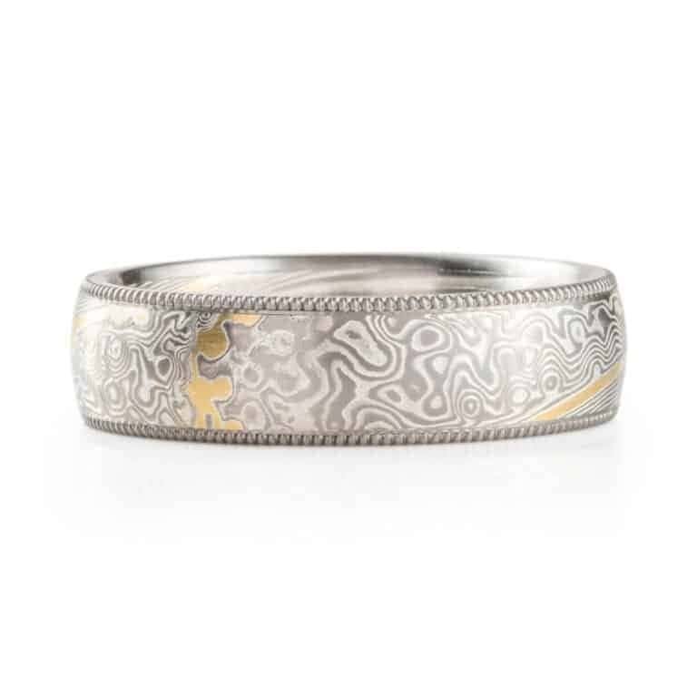 Radiant Salt and Pepper Diamond Mokume Ring with Milgrain Rails - Image 2