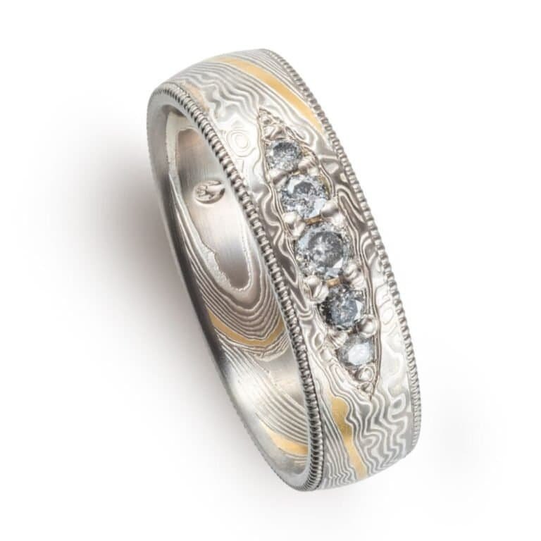 Radiant Salt and Pepper Diamond Mokume Ring with Milgrain Rails - Image 4