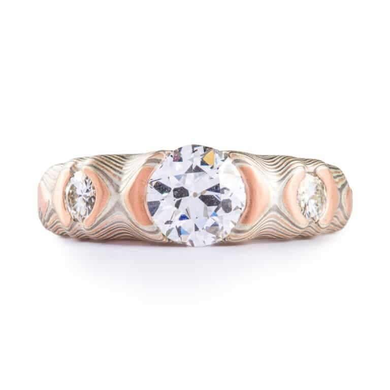 Finely Made Mokume Ring with Diamond & Moissanite