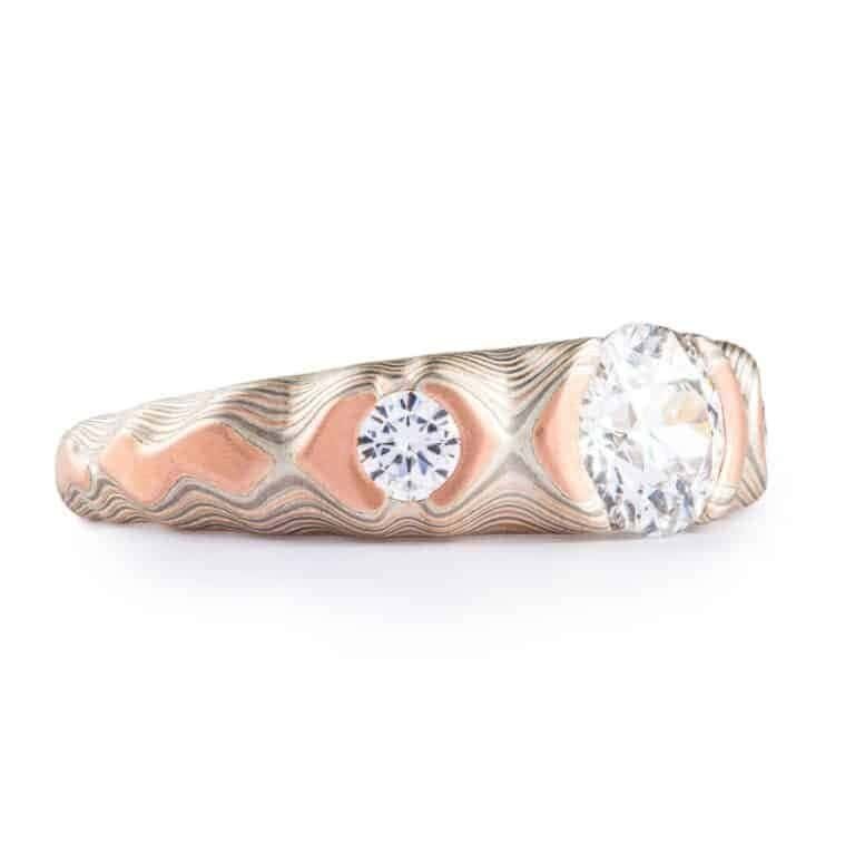 Finely Made Mokume Ring with Diamond & Moissanite - Image 2