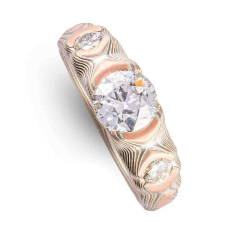 Finely Made Mokume Ring with Diamond & Moissanite - Image 3