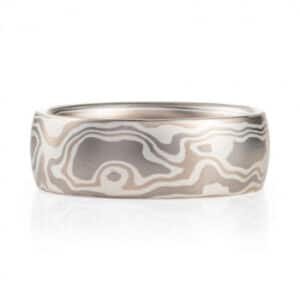 Mokume Gane ring in Woodgrain and Smoke Palette with low dome profile and satin finish, featuring a 14k White Gold, Palladium, and Sterling Silver Ash palette.