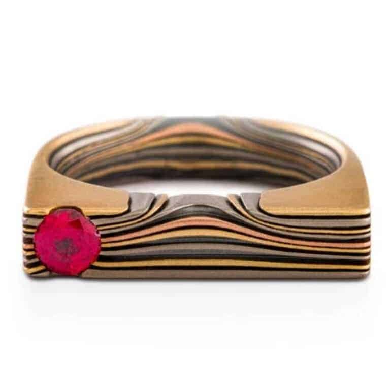 Contemporary Mokume Flat Top Seamless Edge Grain Ring - Image 2