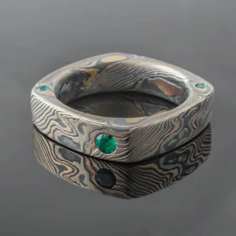 Mens Mokume Gane Square Ring With Emeralds