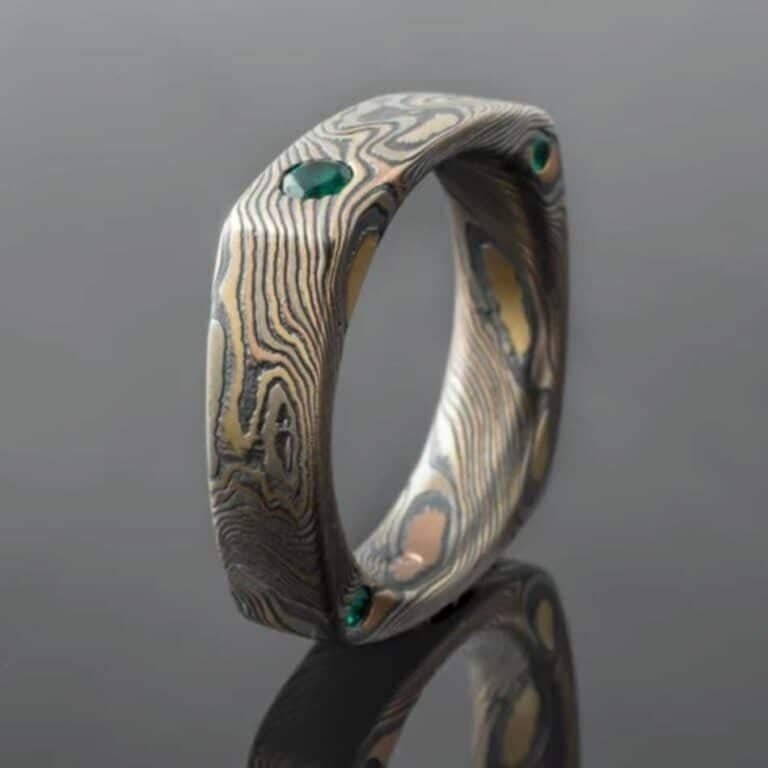 Mens Mokume Gane Square Ring With Emeralds - Image 3