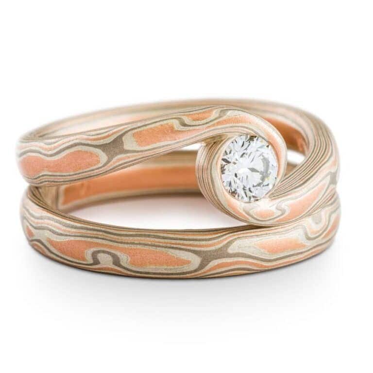 Elegant Mokume Bypass Ring Set with Diamond