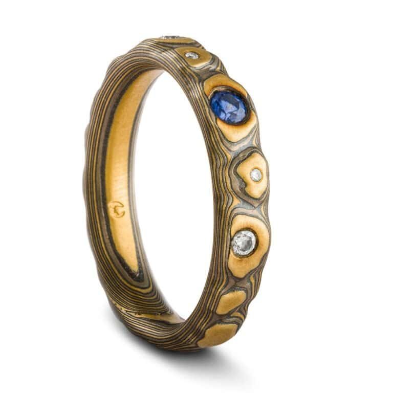 Elegant Blue Sapphire and Diamond Mokume Ring - Image 5