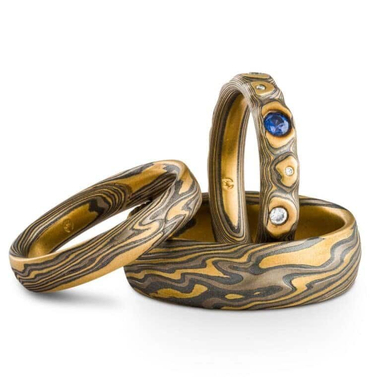 Mokume Set with Sapphire and Diamonds