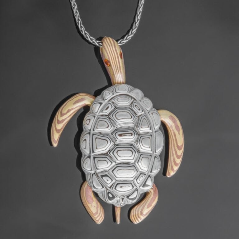 Sea Tortoise Mokume Pendant with Sapphire Eyes