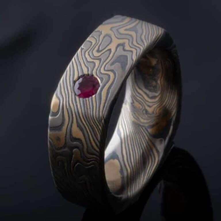 Mens Square Mokume Ring with Ruby and Diamond - Image 5