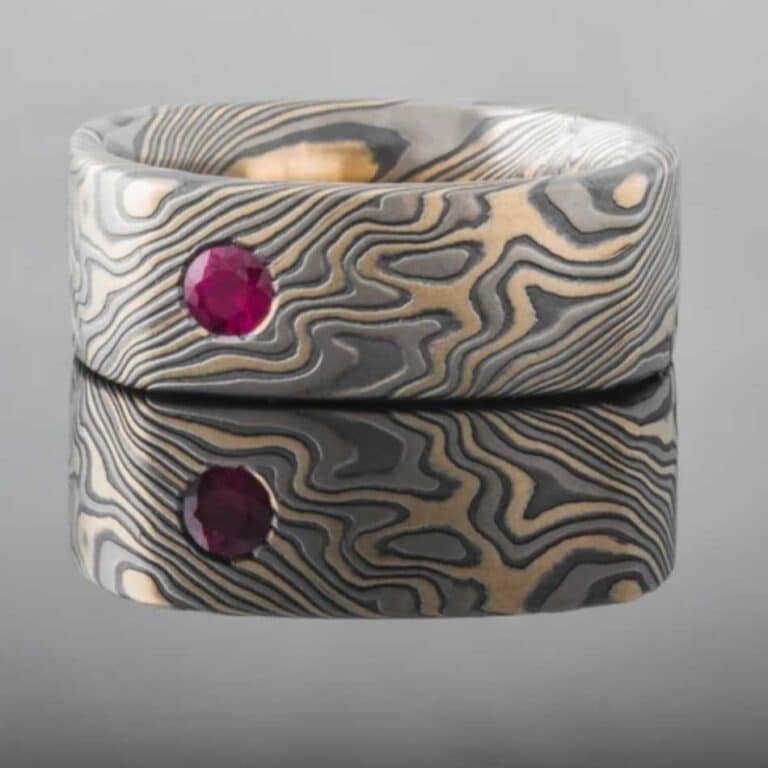 Mens Square Mokume Ring with Ruby and Diamond - Image 4