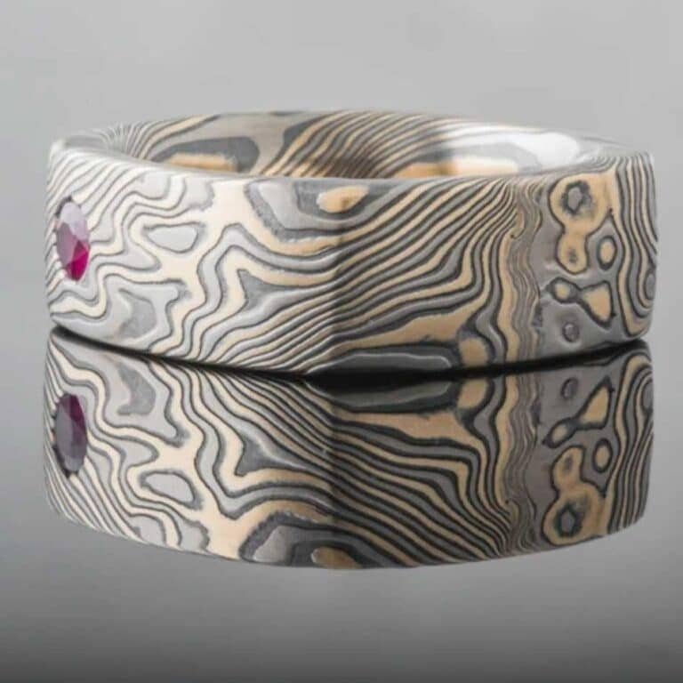 Mens Square Mokume Ring with Ruby and Diamond - Image 3