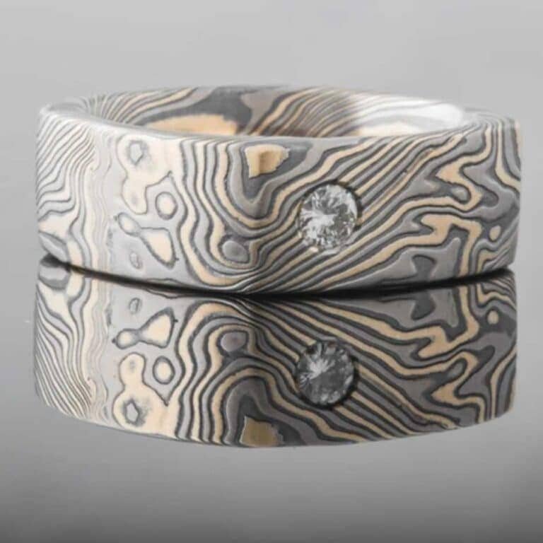 Mens Square Mokume Ring with Ruby and Diamond - Image 2