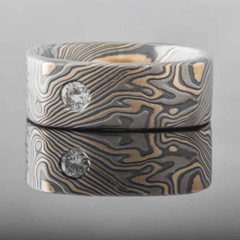 Mens Square Mokume Ring with Ruby and Diamond