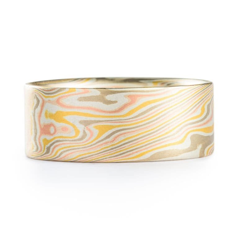 wide mokume gane twist patterned ring with a flat profile, ring is made with layers of red and yellow gold, palladium and etched silver