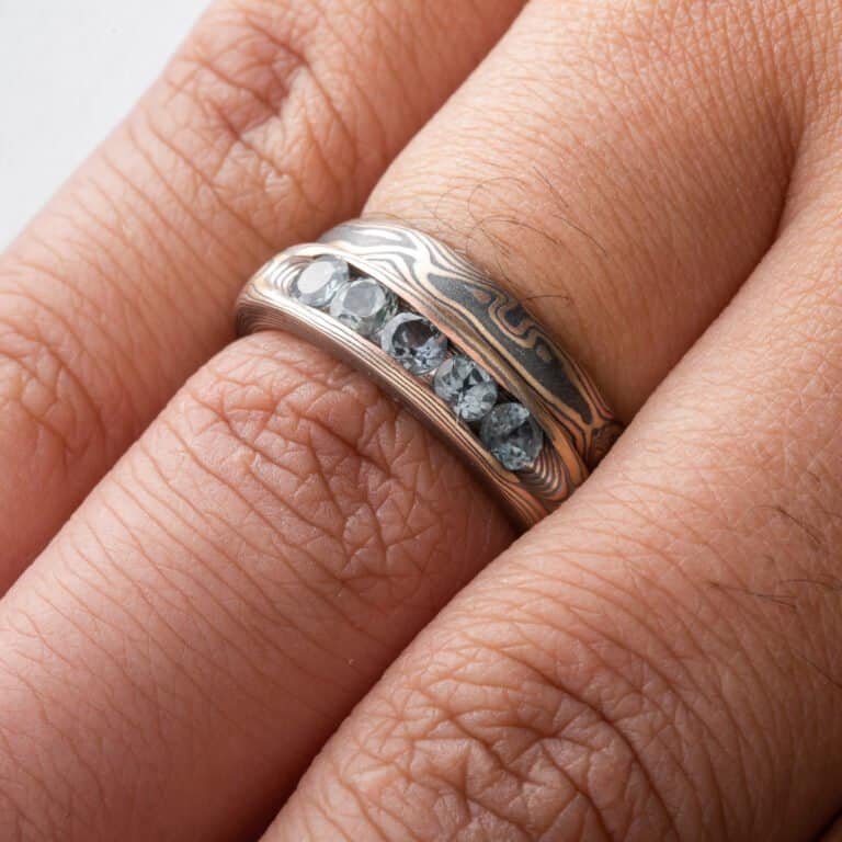 Woodland Channel Set Blue Sapphires Three Piece Mokume Wedding Set - Image 8