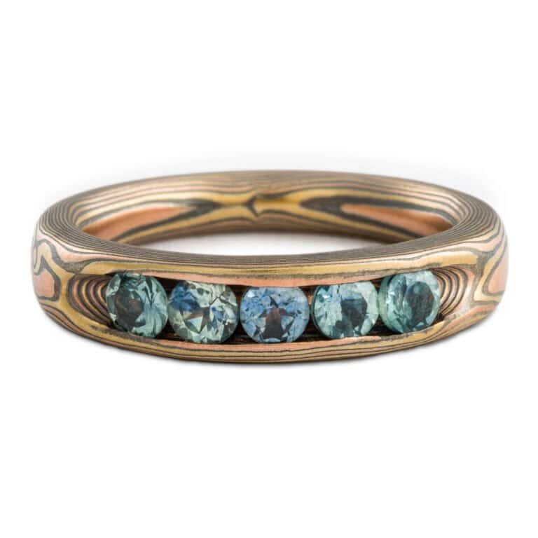 Woodland Channel Set Blue Sapphires Three Piece Mokume Wedding Set - Image 4