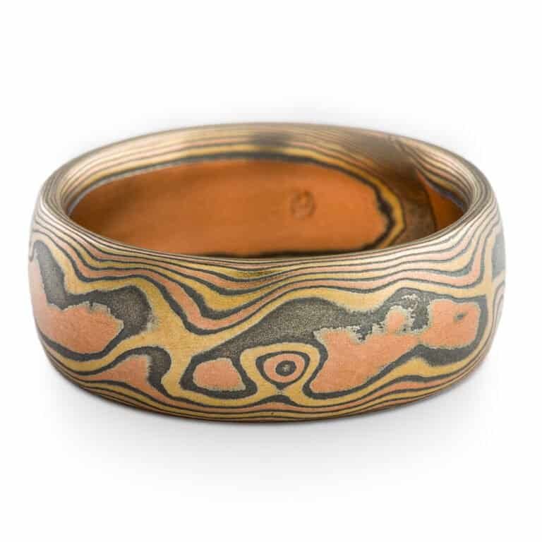 Woodland Channel Set Blue Sapphires Three Piece Mokume Wedding Set - Image 3