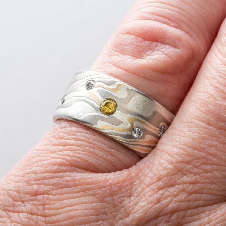 Radiant Mokume Wide Ring Set with Sapphire and Diamonds - Image 6