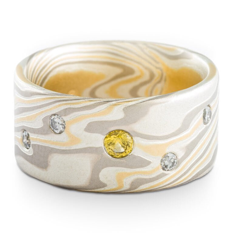 Radiant Mokume Wide Ring Set with Sapphire and Diamonds - Image 2