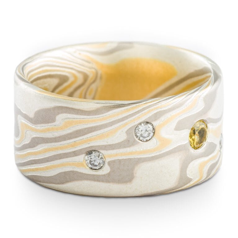 Radiant Mokume Wide Ring Set with Sapphire and Diamonds - Image 4