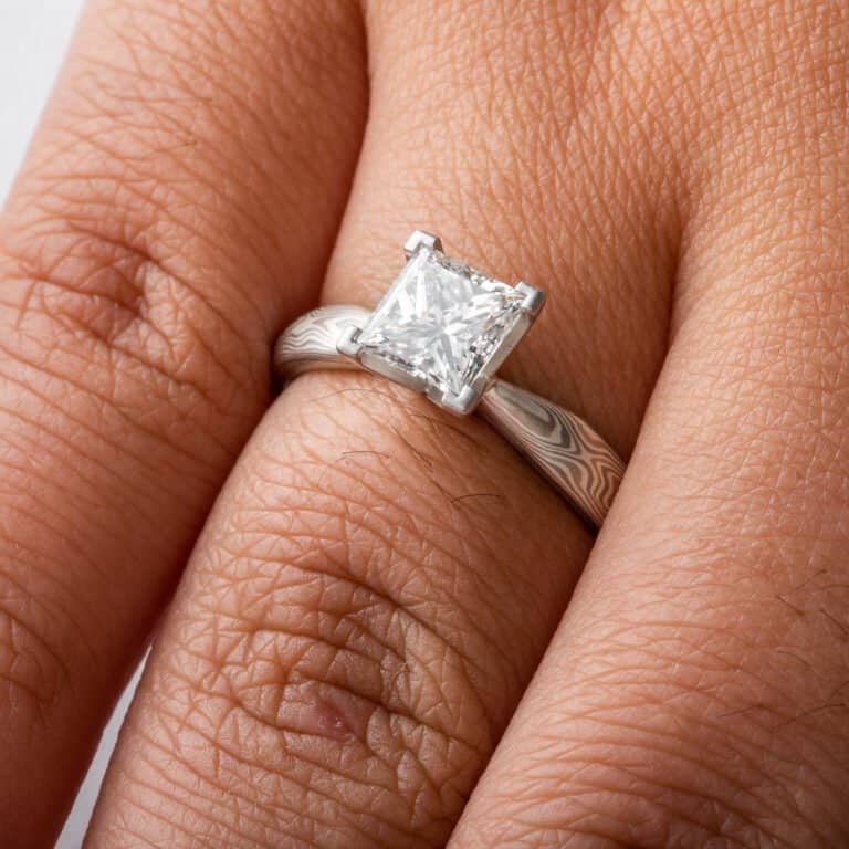 Elegant Mokume Ring with Square Diamond - Image 4