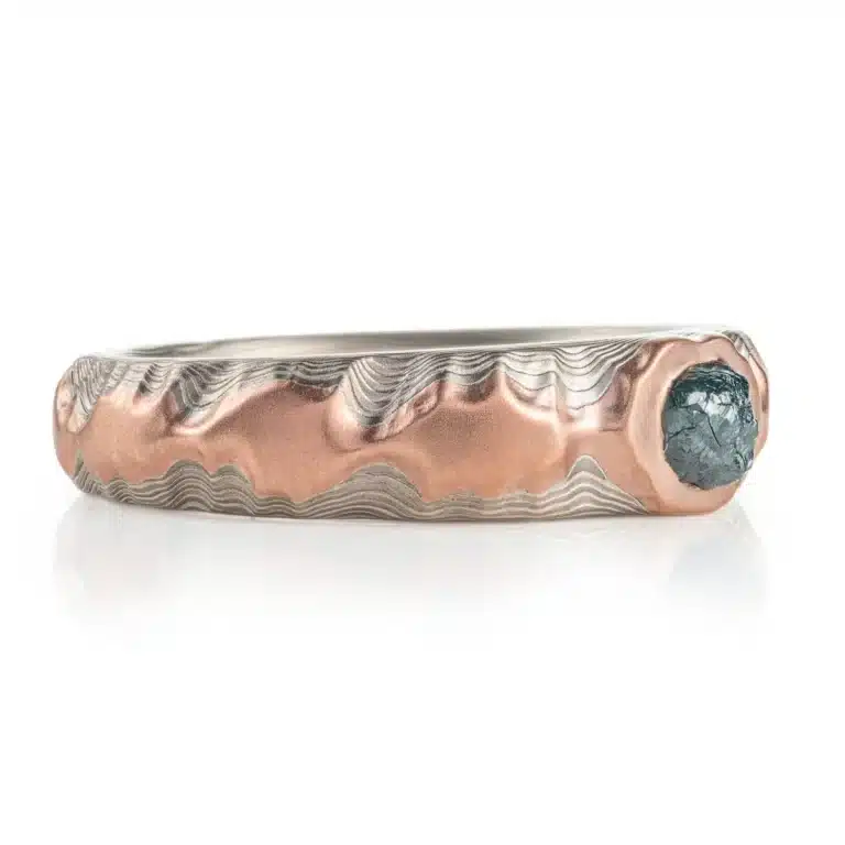 Blue Raw Diamond Mokume Gane Mesa Ring - Image 2