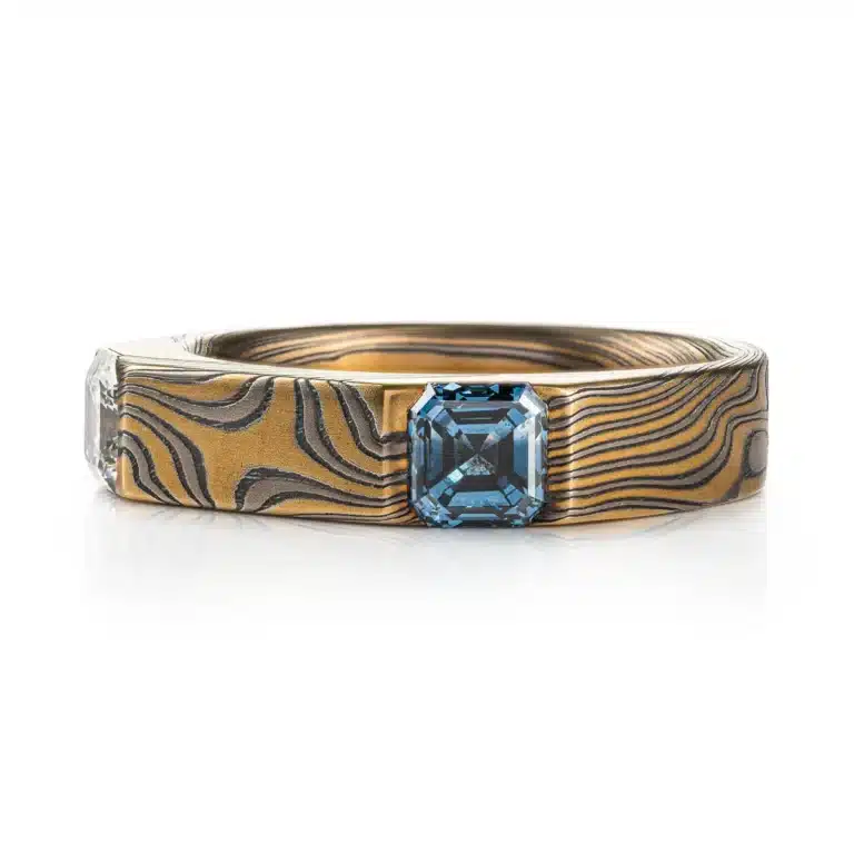 Unique Flat Top Mokume Ring with Sapphire and Diamond - Image 2