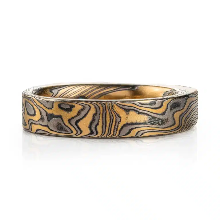 Unique Flat Top Mokume Ring with Sapphire and Diamond - Image 4