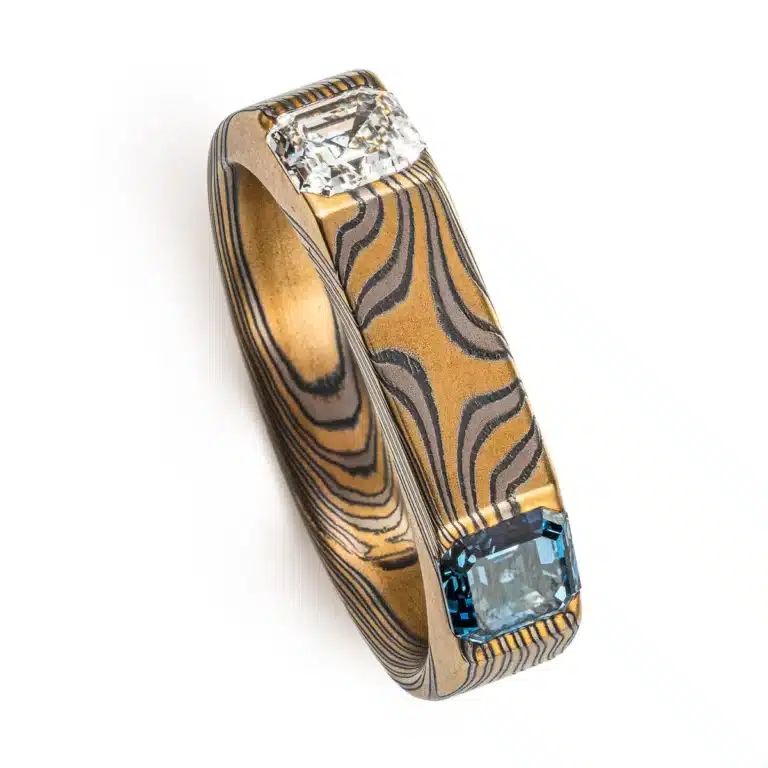 Unique Flat Top Mokume Ring with Sapphire and Diamond - Image 5