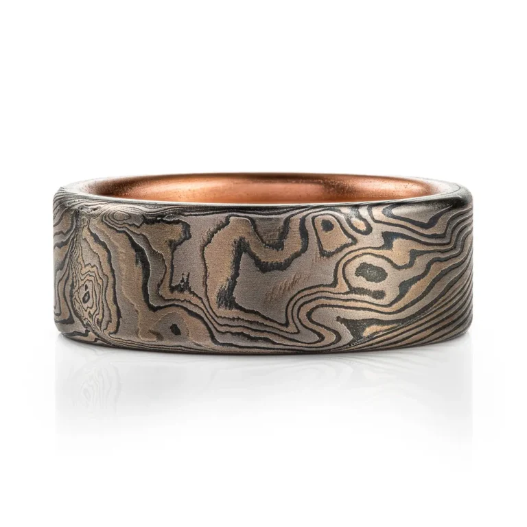 Dark Smoky Mokume Ring with Red Gold Liner - Image 3