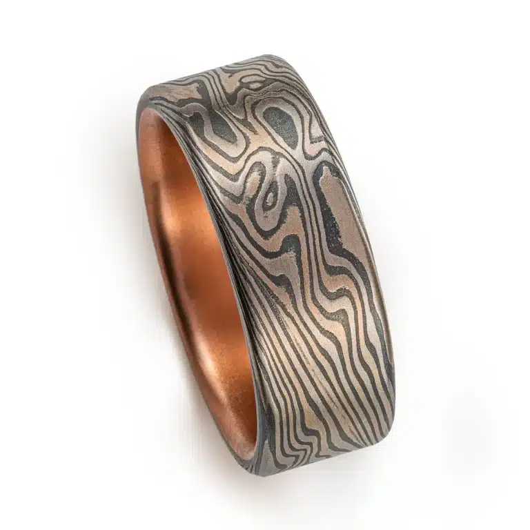 Dark Smoky Mokume Ring with Red Gold Liner - Image 4