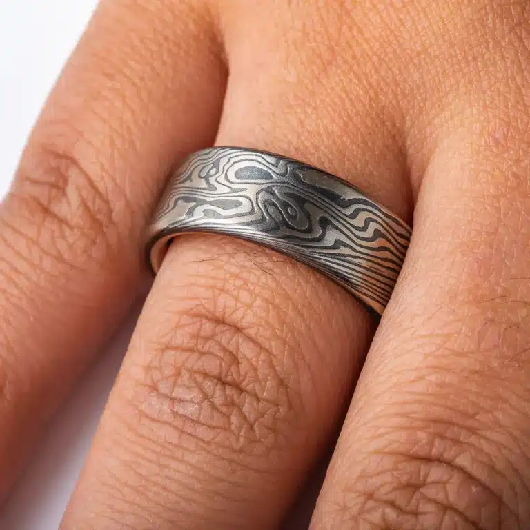 Dark Smoky Mokume Ring with Red Gold Liner - Image 5
