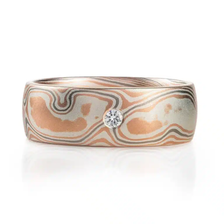 Moissanite Mokume Gane Woodgrain Ring with Stratum