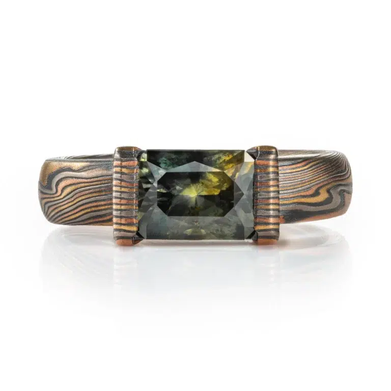 Earthy Mokume Gane Sapphire Ring with Mokume Bezel in Firestorm Palette