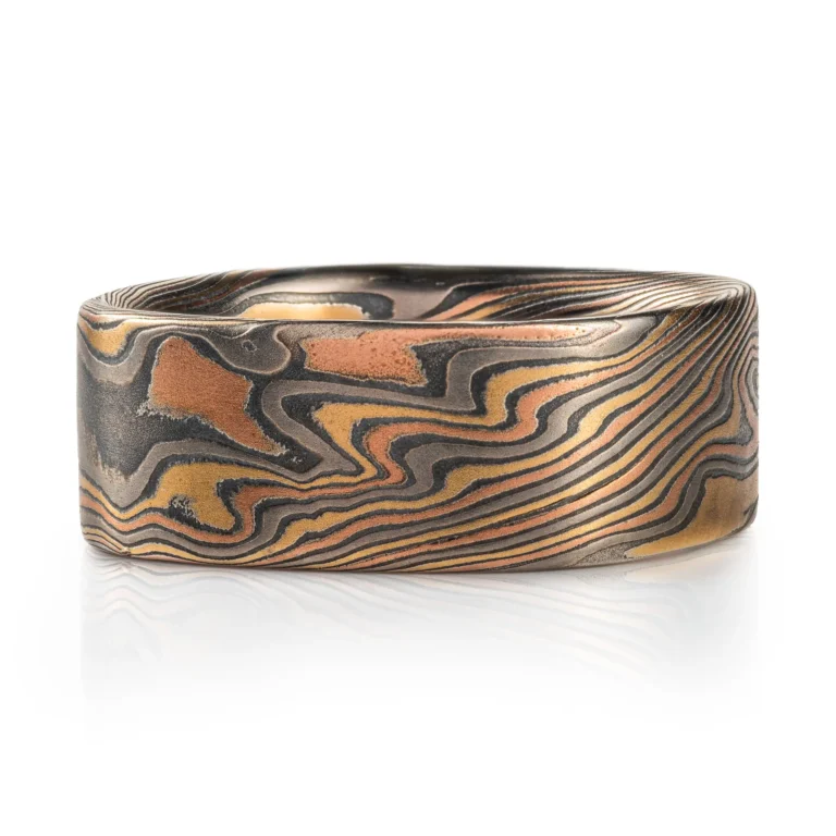 Rustic Mokume Gane Square Band in Firestorm Palette and Twist Pattern.