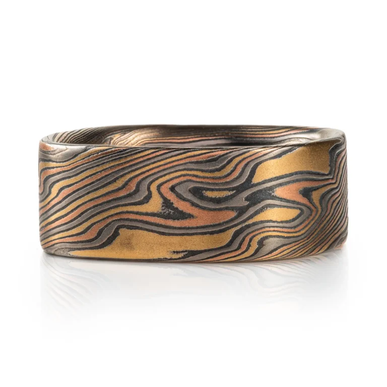 Rustic Mokume Gane Square Band in Firestorm Palette and Twist Pattern.