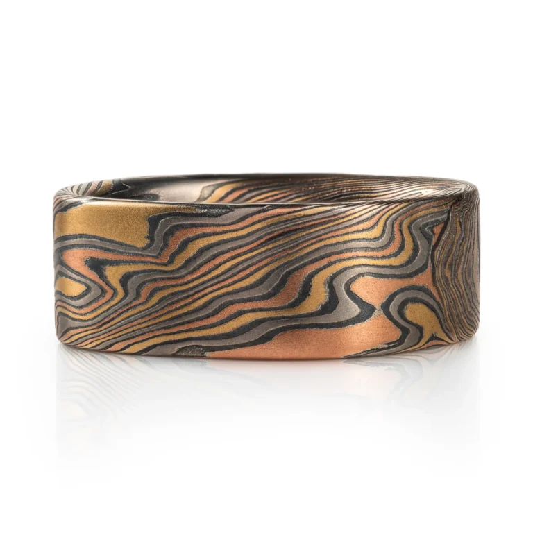 Rustic Mokume Gane Square Band in Firestorm Palette and Twist Pattern.