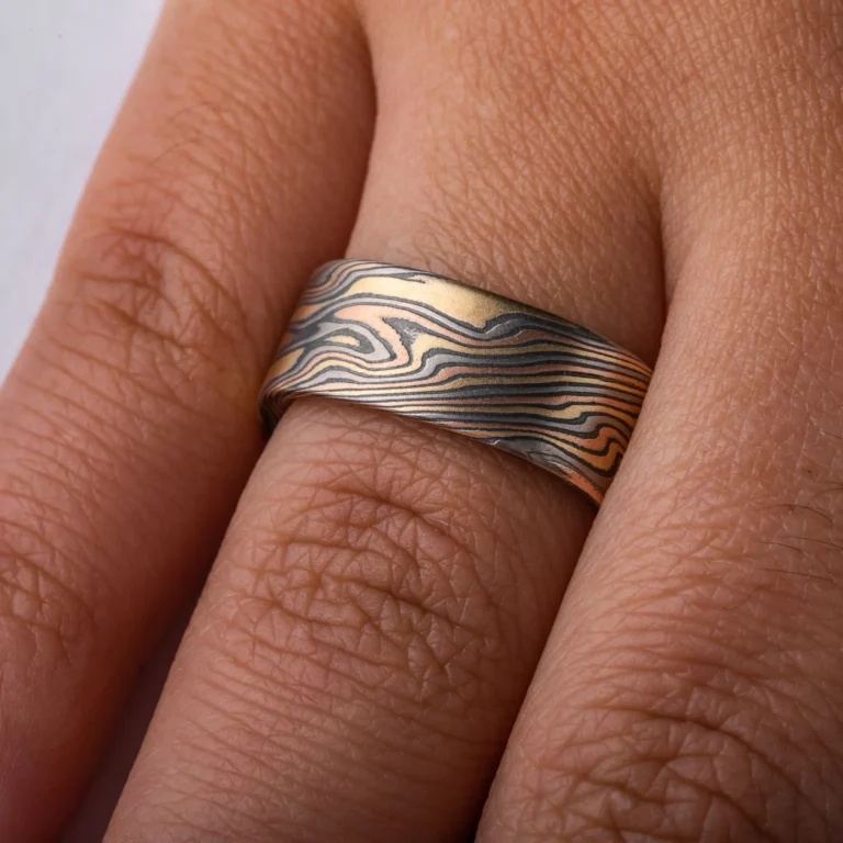 Rustic Mokume Gane Square Band in Firestorm Palette and Twist Pattern.