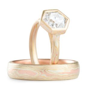 Bridge, CUSTOM, Etched, Fire, Low Dome, Moissanite, Mokume Bezel, Woodgrain